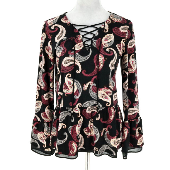 White House Black Market Tops - WHBM Top Womens Small Black Ivory Plum Paisley Stretch Knit Blouse Lace Up